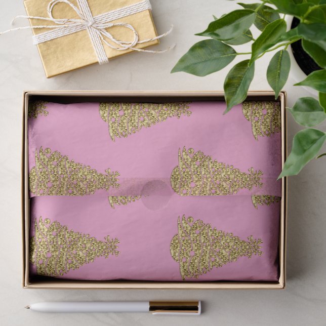 Arbres de Noël Glamour Dorés sur du Papier de Soie (Cadeau)