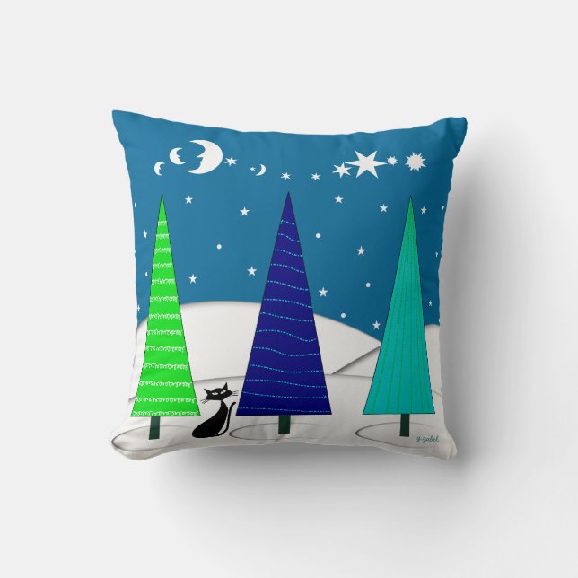 Arbres de Noël lunatiques et coussin de chat (Recto)