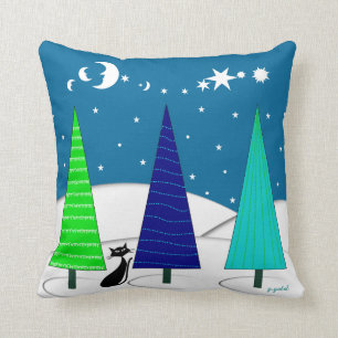 Arbres de Noël lunatiques et coussin de chat