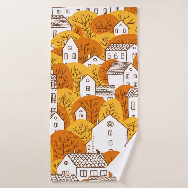 Arbres et maisons sans couture motif. Automne, aut (Serviette de bain)