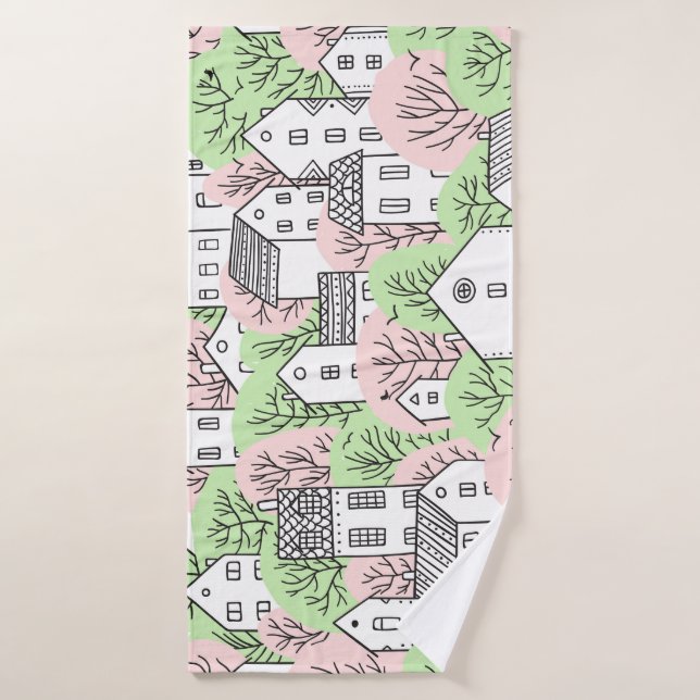 Arbres, maisons, paysage de la ville de printemps (Serviette de bain)