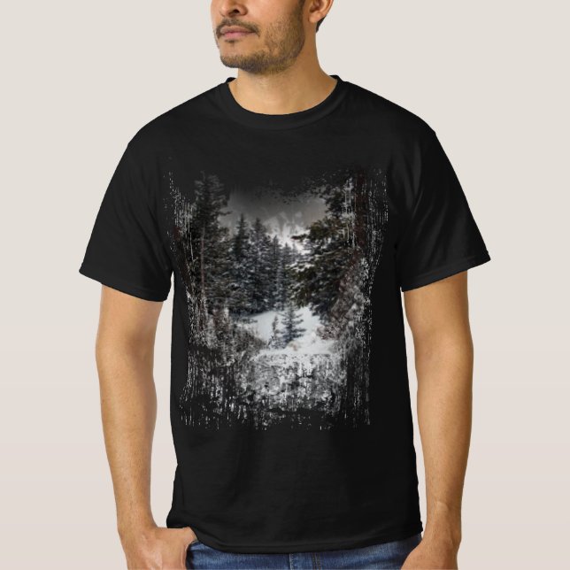 Arbres neigeux d'hiver | T-shirt imprimé de forêt  (Devant)