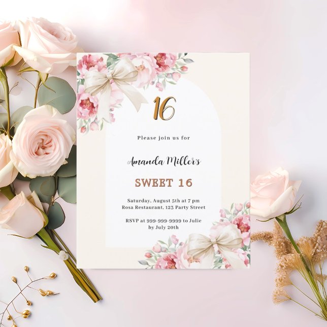 Arc de fleurs roses beiges Sweet 16 invitation (Créateur téléchargé)
