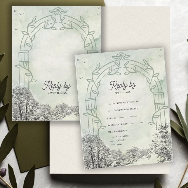 Arc de jardin vert sauge Mariage Réponse par (Sage Green Garden Arch Wedding RSVP Card | Elegant Botanical Response Card)
