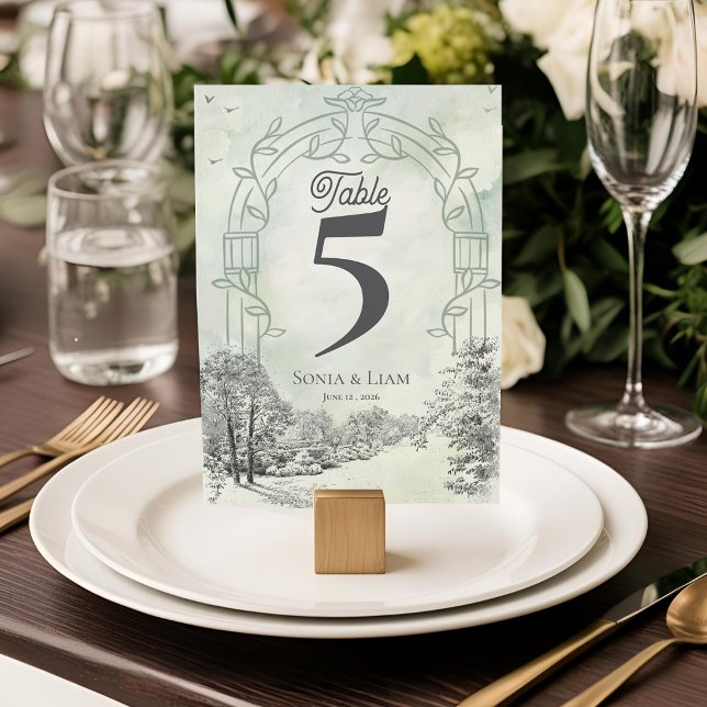 Arc de jardin vert sauge numéro de table de mariag (Sage Green Garden Arch Wedding Table Number | Elegant Botanical Table Decor)
