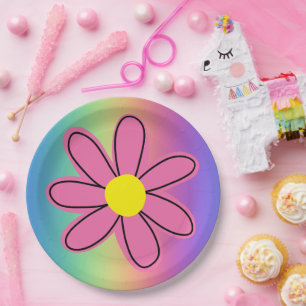 Arc-en-ciel avec Fleur Rose sur Assiette en Papier