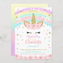 Arc-en-ciel avec fleurs roses Invitation Unicorn