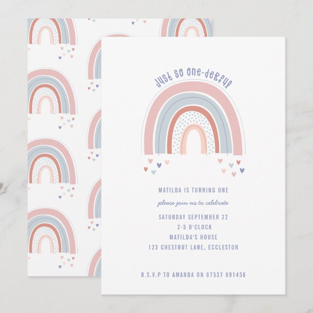 Arc en ciel et coeur 1er anniversaire invitation (Devant / Derrière)
