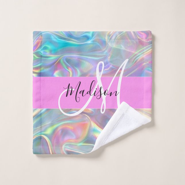 Arc-en-ciel Girly Holographique Iridescent Monogra (Gant de toilette)