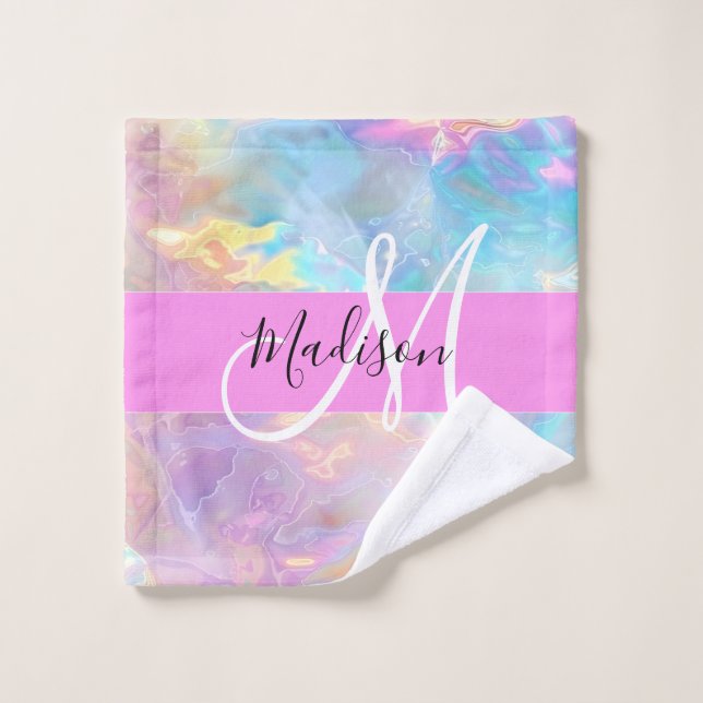 Arc-en-ciel Girly Holographique Iridescent Monogra (Gant de toilette)