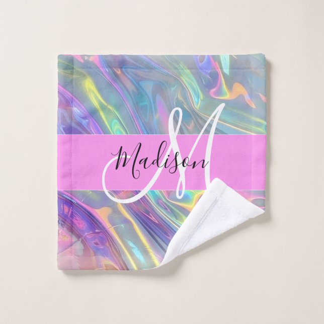 Arc-en-ciel girly holographique iridescent monogra (Gant de toilette)