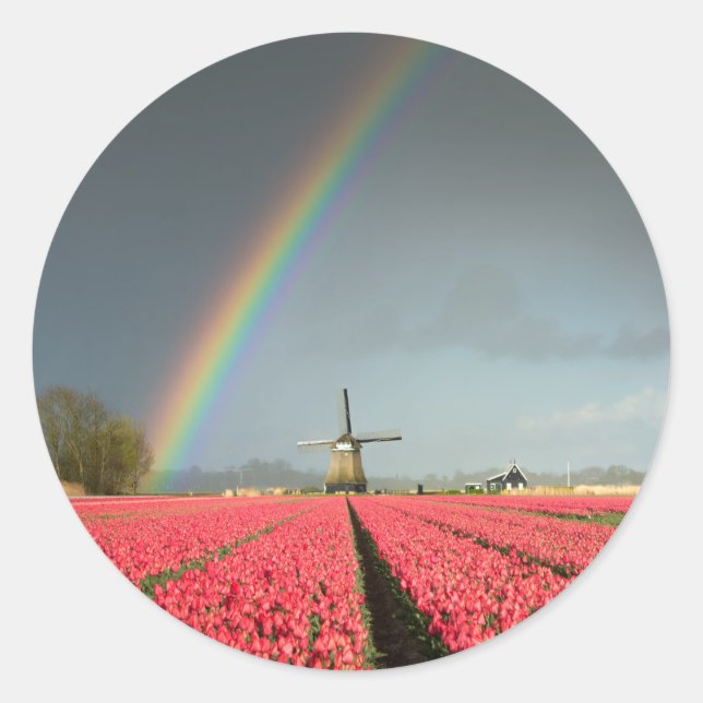 Arc-en-ciel, tulipes et autocollant rond de moulin (Devant)