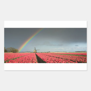 Arc en ciel, tulipes et moulin autocollant rectang