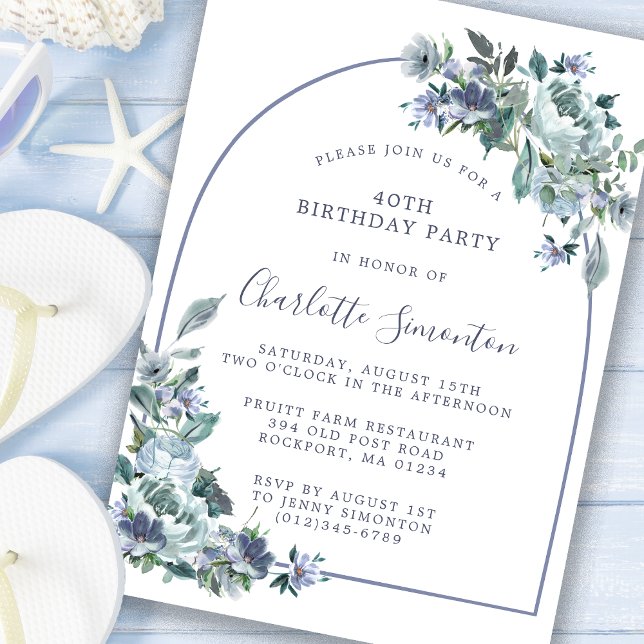 Arc floral bleu Dusty 40e anniversaire Invitation (Créateur téléchargé)