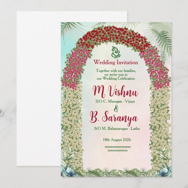 Arc floral élégant et invitation de mariage indien (Devant / Derrière)