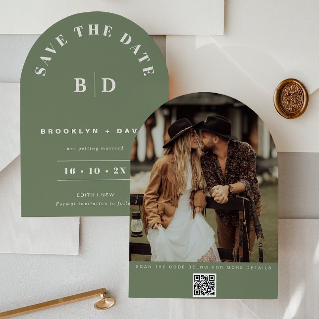 Arc Moderne Sage Mariage Enregistrer La Carte Date (Modern Arch Sage Save The Date Card, Couples Photo, QR Code, Sage Arch Wedding Save The Date Card)