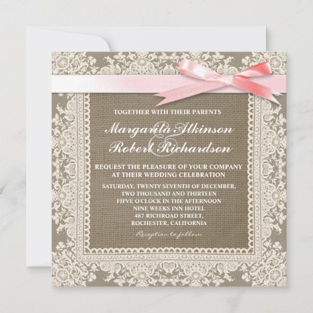 Arc rose en dentelle blanche et burap invitations  (Devant)