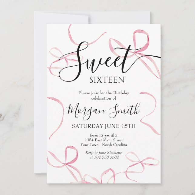 Arc rose Invitation Anniversaire, Sweet sixteen (Devant)