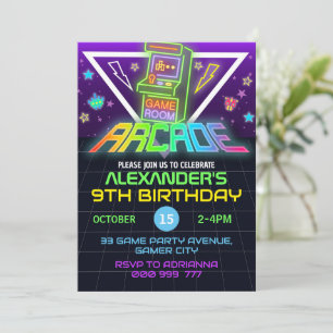 Arcade Anniversaire Gamer Neon Party Invitation