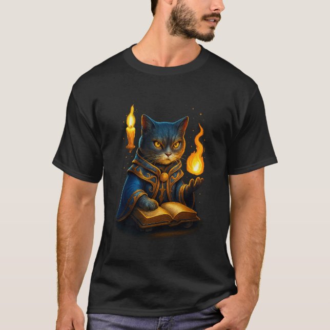 Arcane Wizard Cat – Flame Spellcaster T-Shirt (Devant)