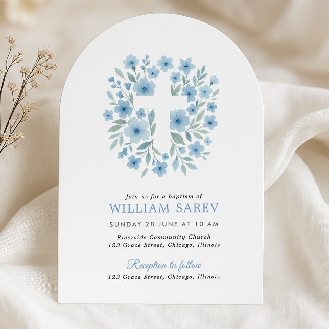 Arch Blue Floral Cross Boy Baptism Invitation (
Blue floral arch baptism invite for boys with cross design on soft neutral fabric background.)