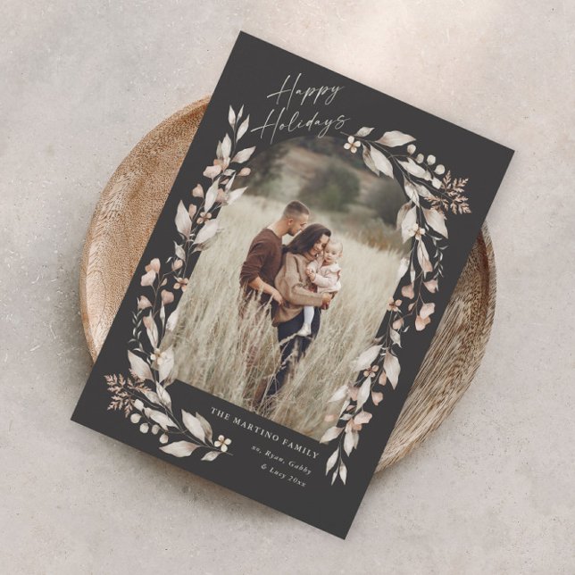 Arche de fleurs sauvages bohème Photo Noël Fêtes (Boho wildflower arch photo magnetic holiday card with elegant script and hand painted foliage.)