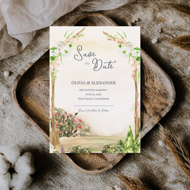Arche de jardin à l'aquarelle pour mariage, carte  (Watercolor Garden Arch Save the Date Romantic Outdoor Wedding Announcement.)