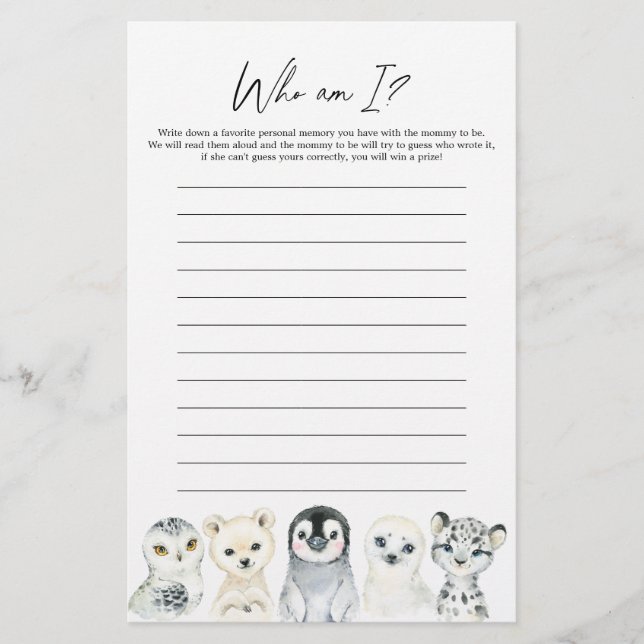 Arctic Animaux Baby shower Qui Suis-Je Jeu (Devant)