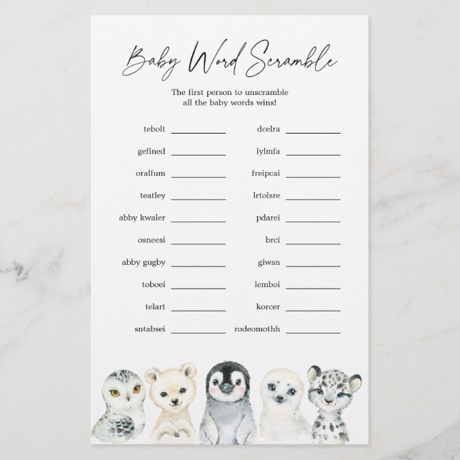 Arctic Animaux Baby shower Word Scramble Jeu (Devant)