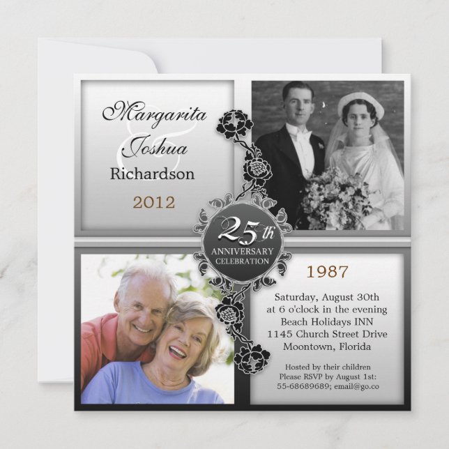 argent 25e anniversaire mariage photos invitations (Devant)