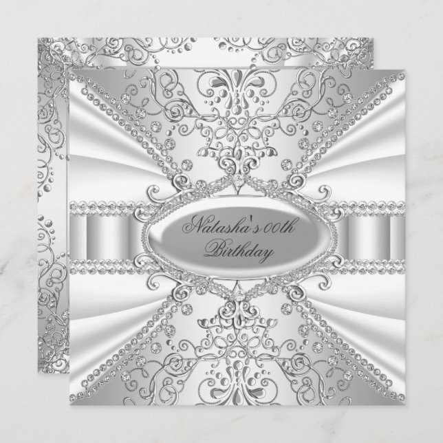 Argent & Bijou blanc Damask Invitation d'anniversa (Devant / Derrière)