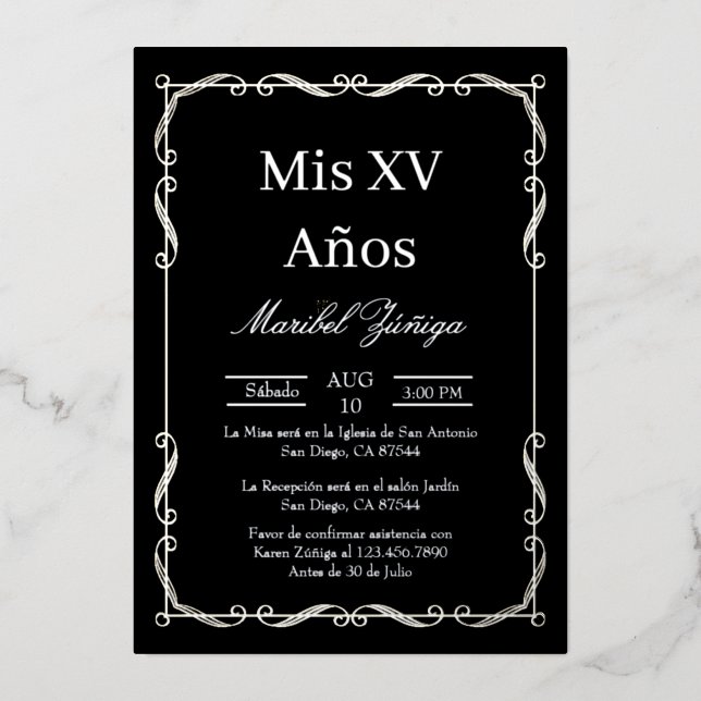 Argent cadre Quinceanera invitation (Recto)