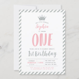 Argent Crown Princesse 1er anniversaire Invitation