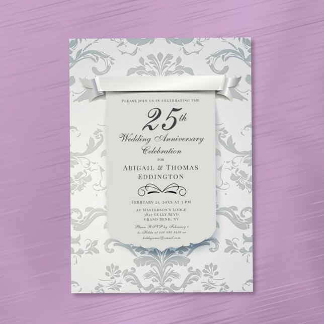 Argent Damask 25e anniversaire Mariage Invitation (Silver Damask 25th Wedding Anniversary Invitation)
