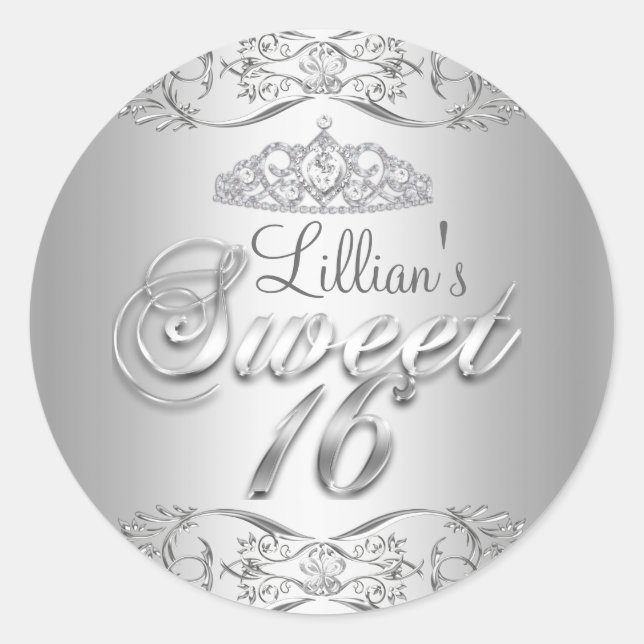 Argent Damask & Diamond Tiara Sweet 16 Sticker (Devant)