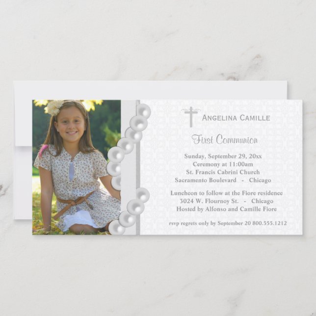 Argent Damask Pearls First Communion Photo Invitat (Devant)