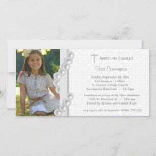 Argent Damask Pearls First Communion Photo Invitat