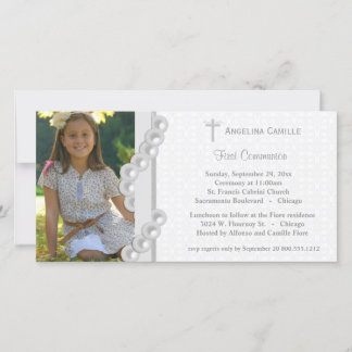 Argent Damask Pearls First Communion Photo Invitat