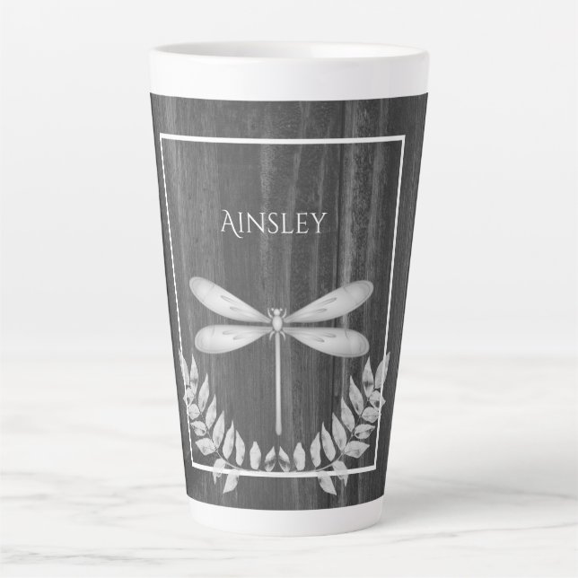 Argent Dragonfly Rustic Personnalisé Latte Mug (Devant)