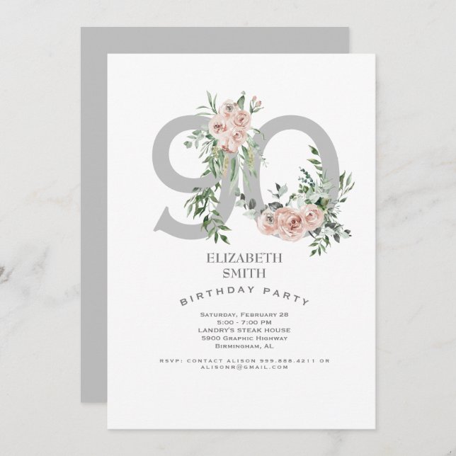 Argent et blanc Elegant Rose Rose 90ème Invitation (Devant / Derrière)