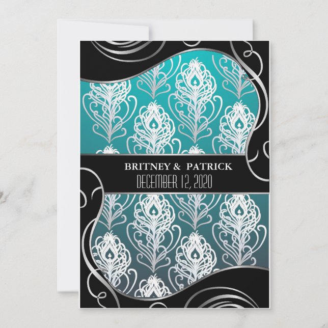 Argent et bleu Peacock Plumes mariage Invitations (Devant)