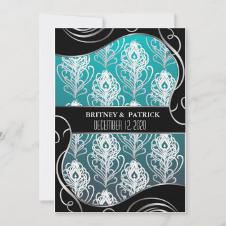 Argent et bleu Peacock Plumes mariage Invitations