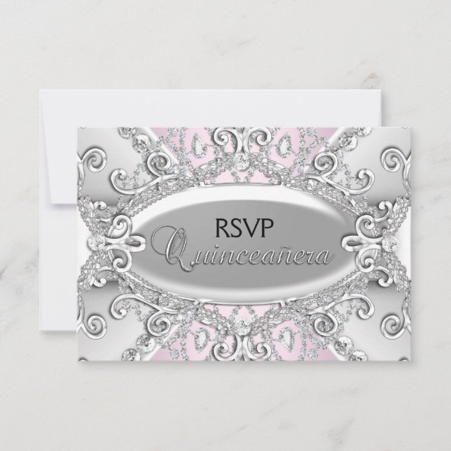 Argent et diamant rose Damas Quinceanera RSVP (Devant)