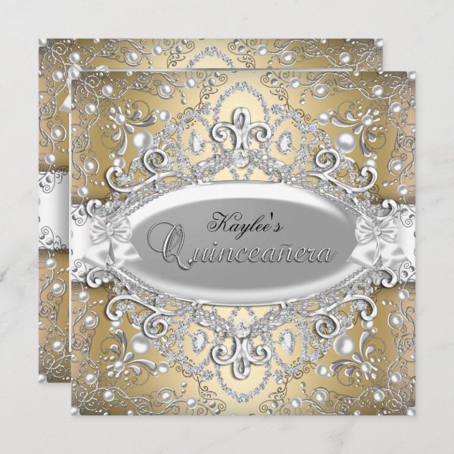 Argent et or Damask Pearl Quinceanera Invitation (Devant / Derrière)