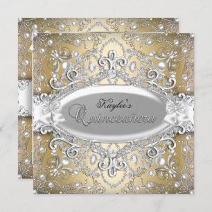 Argent et or Damask Pearl Quinceanera Invitation