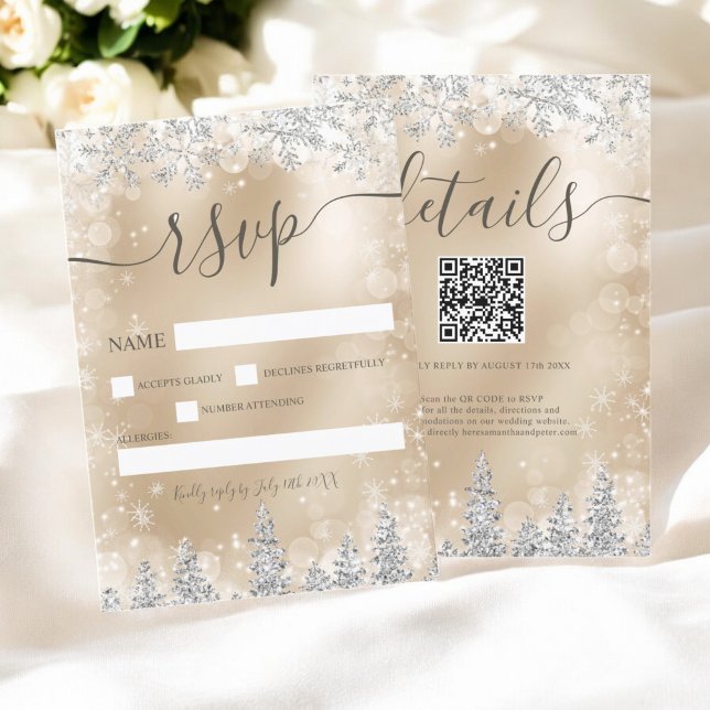 Argent et or neige pin Noël hiver rsvp (Silver and gold snow pine Christmas winter rsvp)
