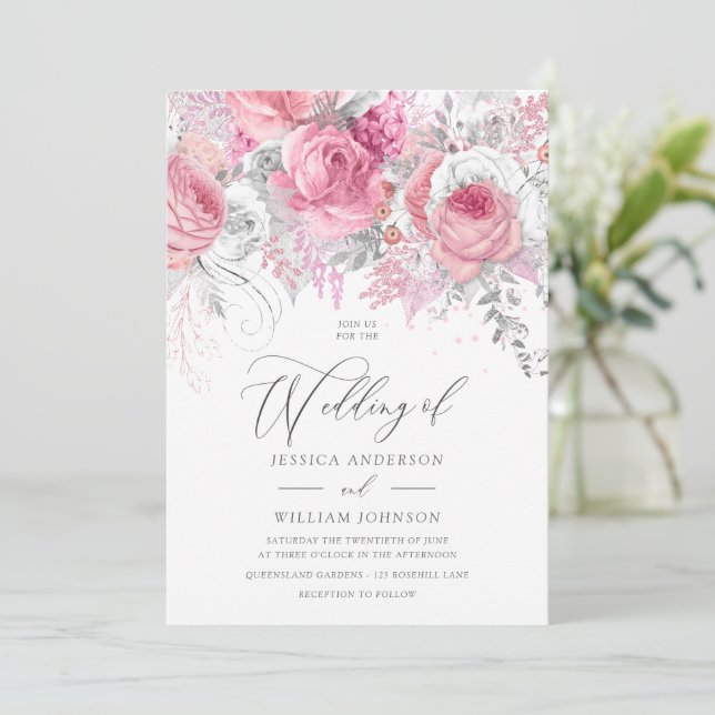 Argent et rose Faire-part de mariage floral enchâs (Debout devant)
