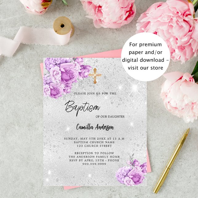 Argent fleurs roses fille budget Baptême invitatio (Créateur téléchargé)