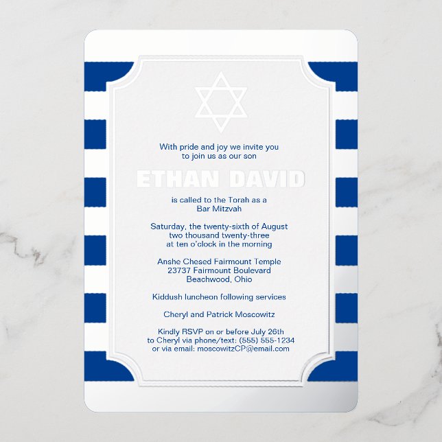 Argent Foil Barre tripée Mitzvah Invitation avec S (Recto)