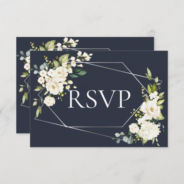 Argent Géométrique Bleu Blanc Floral RSVP (Devant / Derrière)